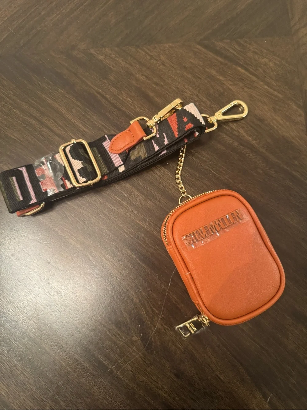 Steve Madden Orange Mini Crossbody Pouch with Patterned Strap